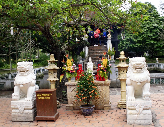 Hai con sư tử đá xuất hiện trước chùa Một Cột